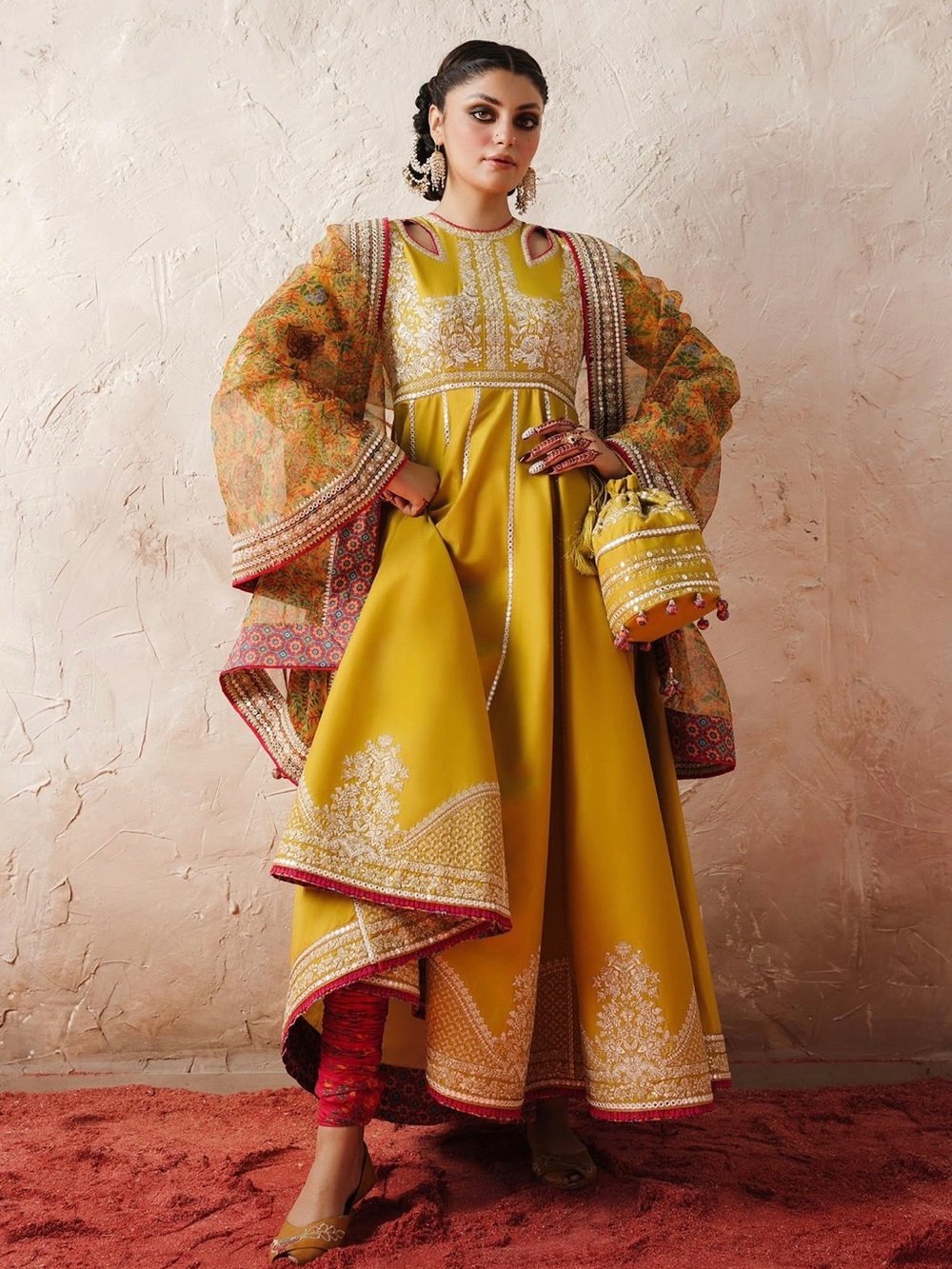 Hussain Rehar Elegant Mustard Embroidered Anarkali Dress with Dupatta - Picture 4 of 5